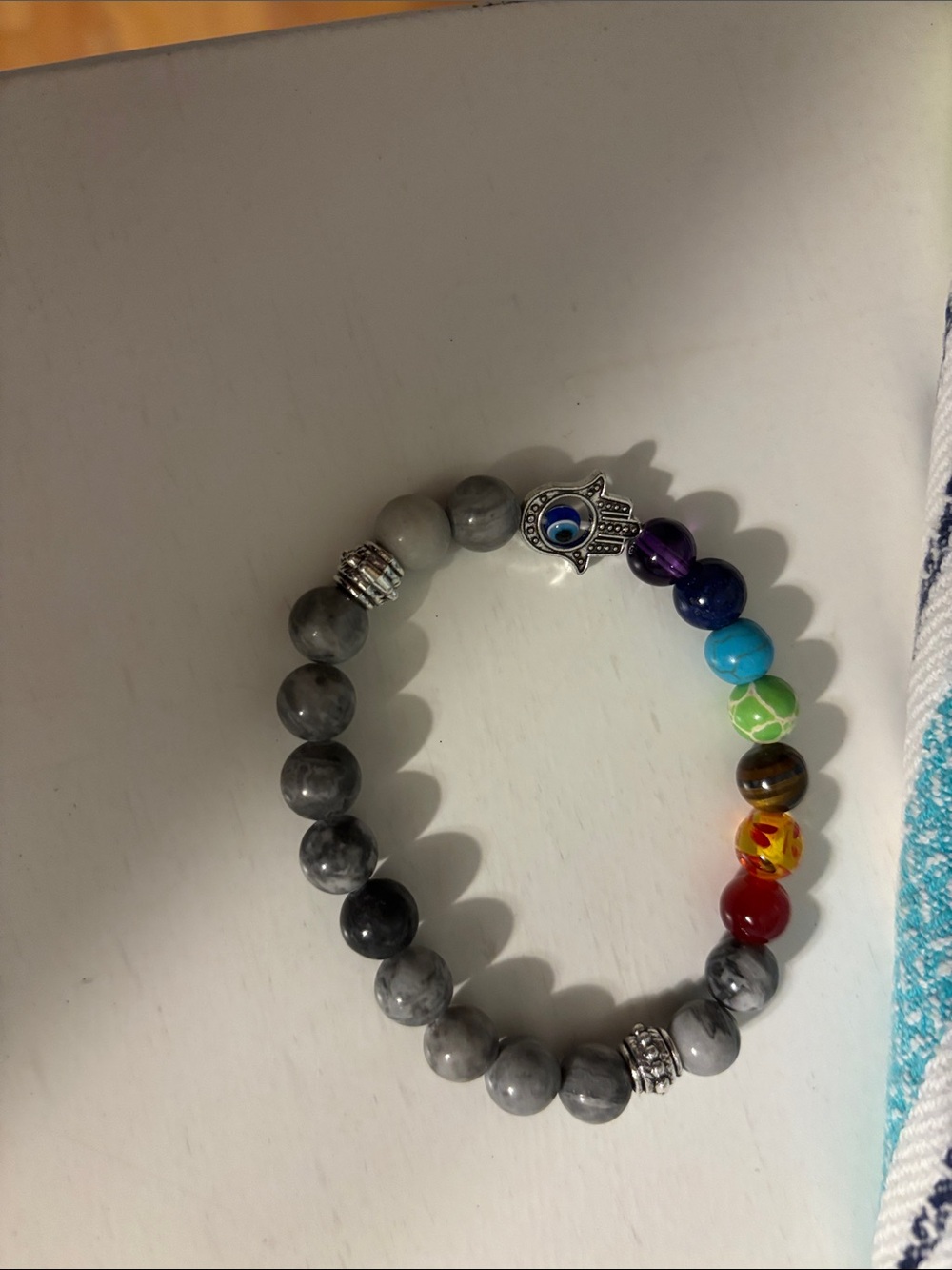Unbranded Multicolor Beaded Hamsa Stretch Bracelet with Gray Marbled Beads